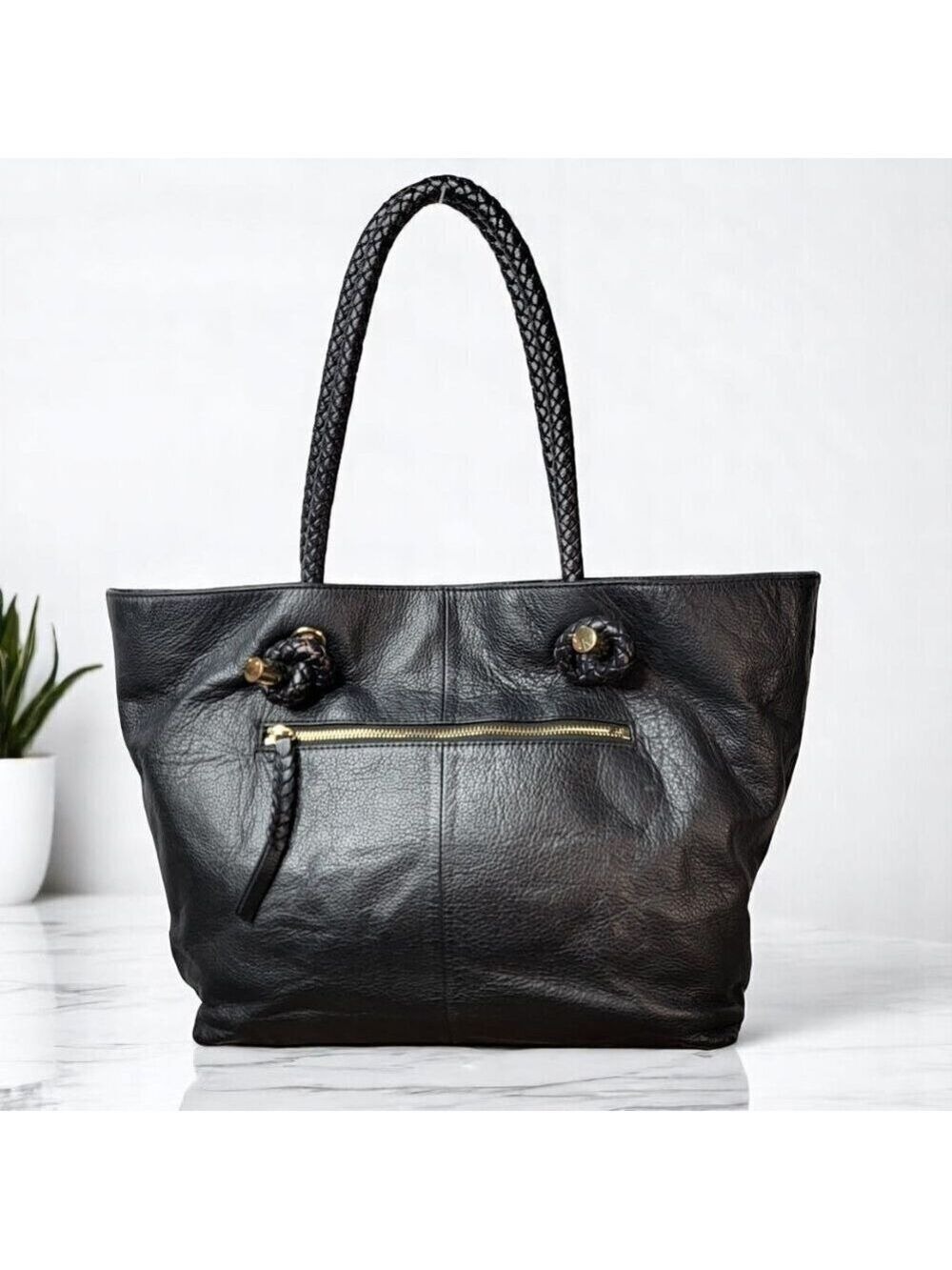 Clarks Black Leather Tote – Braided Handles, Front Zip Pocket | Everyday Carry